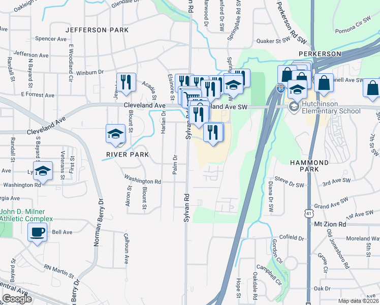 map of restaurants, bars, coffee shops, grocery stores, and more near 2822 Sylvan Road in East Point