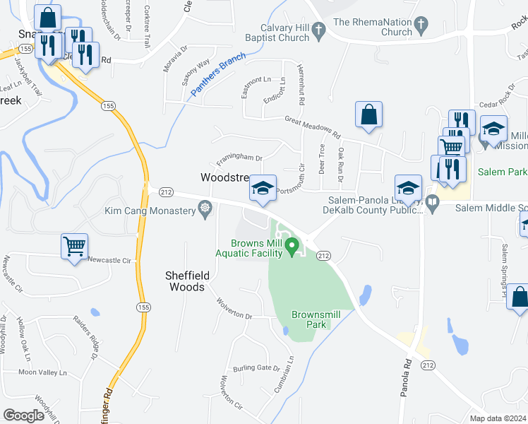 map of restaurants, bars, coffee shops, grocery stores, and more near 4852 Browns Mill Road in Stonecrest