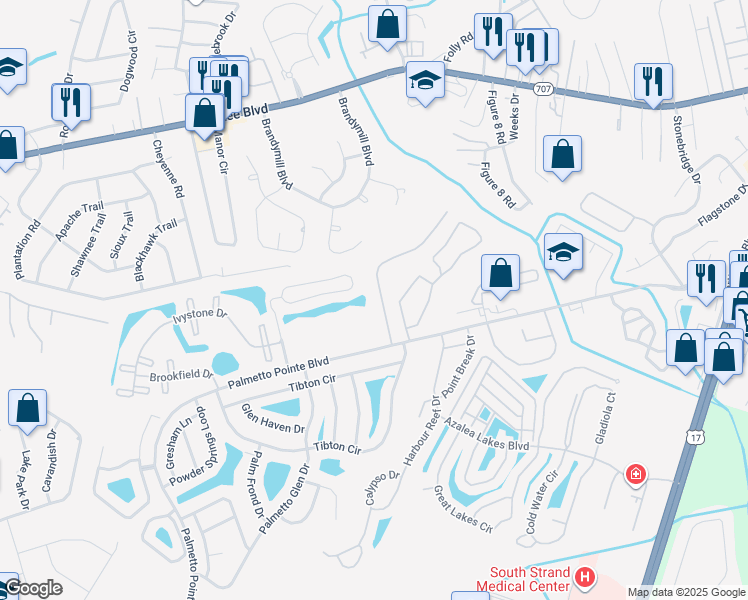 map of restaurants, bars, coffee shops, grocery stores, and more near 113 Olde Towne Way in Myrtle Beach