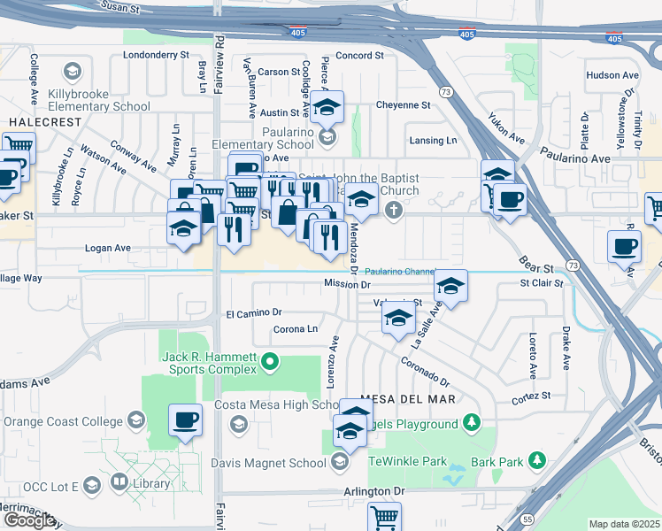 map of restaurants, bars, coffee shops, grocery stores, and more near 2931 Grace Lane in Costa Mesa