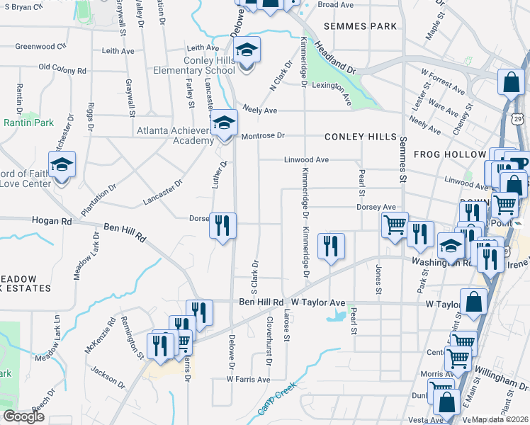 map of restaurants, bars, coffee shops, grocery stores, and more near 2834 South Clark Drive in East Point