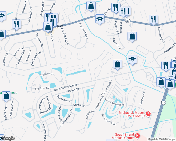 map of restaurants, bars, coffee shops, grocery stores, and more near 113 Olde Towne Way in Myrtle Beach