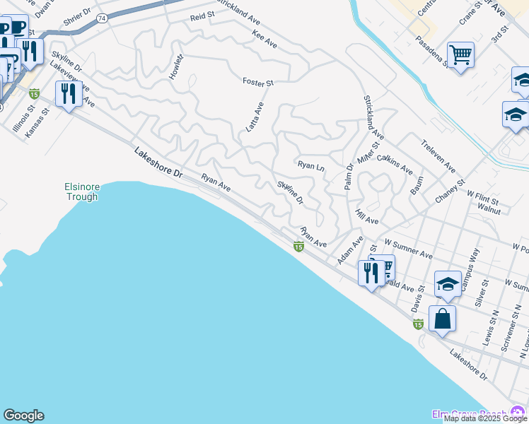 map of restaurants, bars, coffee shops, grocery stores, and more near Bushman Avenue in Lake Elsinore
