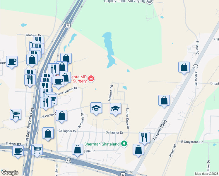 map of restaurants, bars, coffee shops, grocery stores, and more near 3812 Melrose in Sherman