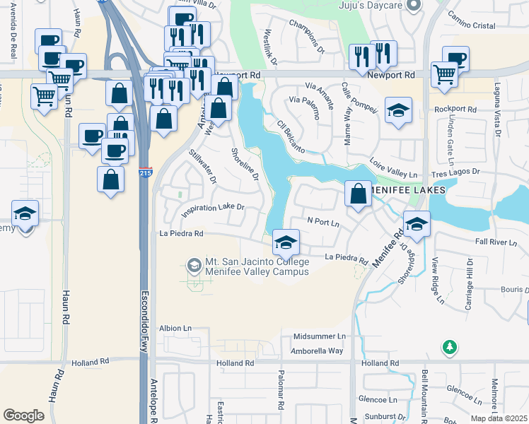 map of restaurants, bars, coffee shops, grocery stores, and more near 30564 Shoreline Drive in Menifee