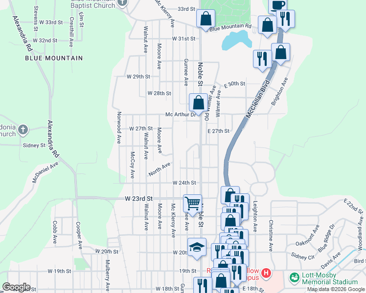 map of restaurants, bars, coffee shops, grocery stores, and more near 2606 Gurnee Avenue in Anniston