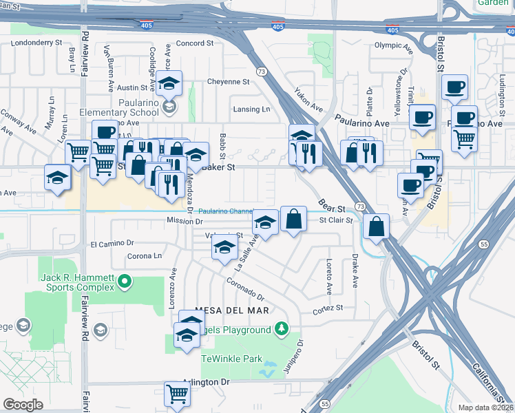 map of restaurants, bars, coffee shops, grocery stores, and more near 959 Post Road in Costa Mesa