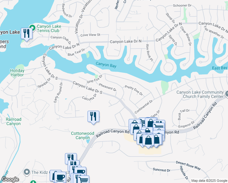 map of restaurants, bars, coffee shops, grocery stores, and more near 23051 Pheasant Drive in Canyon Lake