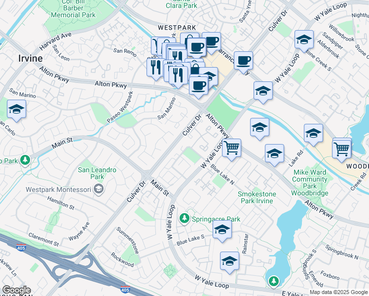 map of restaurants, bars, coffee shops, grocery stores, and more near 16 Windjammer in Irvine