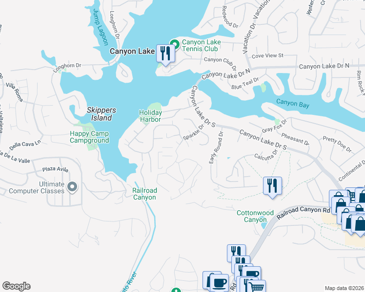 map of restaurants, bars, coffee shops, grocery stores, and more near 30470 Sparkle Drive in Canyon Lake