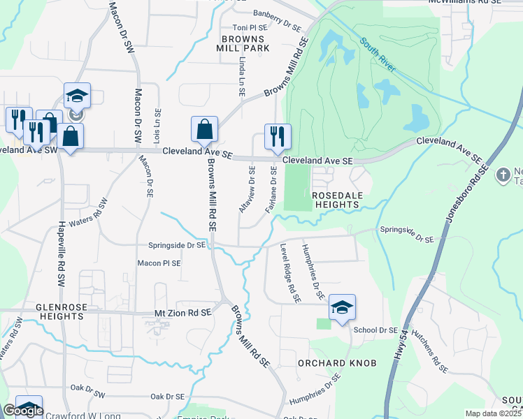 map of restaurants, bars, coffee shops, grocery stores, and more near 2821 Fairlane Drive Southeast in Atlanta