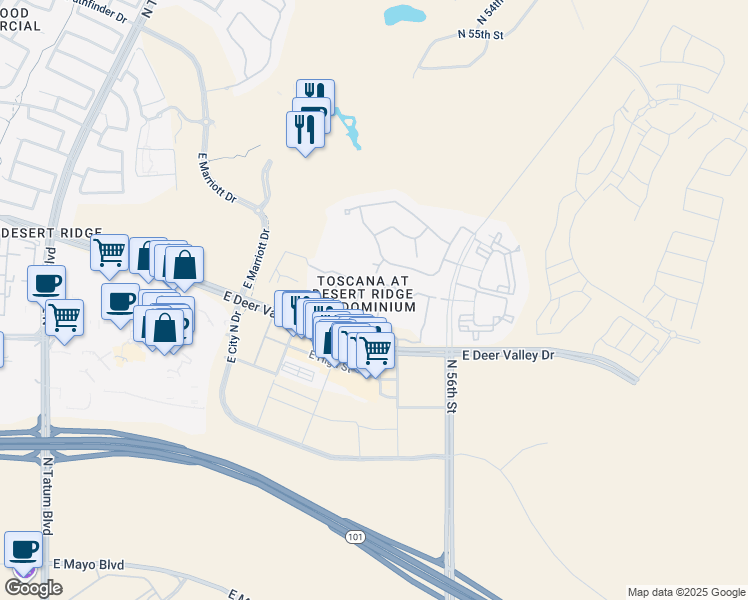 map of restaurants, bars, coffee shops, grocery stores, and more near 5450 East Deer Valley Drive in Phoenix