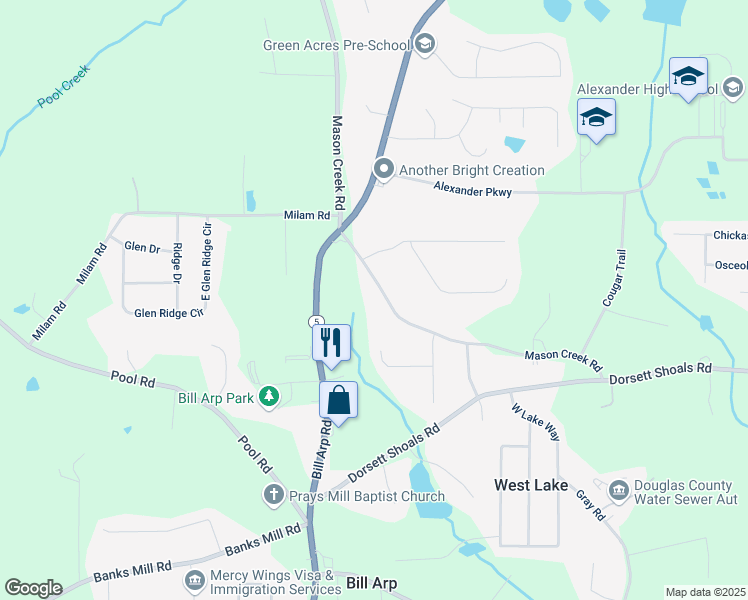map of restaurants, bars, coffee shops, grocery stores, and more near 6957 Mason Creek Road in Douglasville