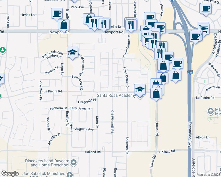 map of restaurants, bars, coffee shops, grocery stores, and more near 30548 Carey Road in Menifee