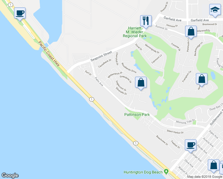 map of restaurants, bars, coffee shops, grocery stores, and more near 6021 Shadowbrook Circle in Huntington Beach