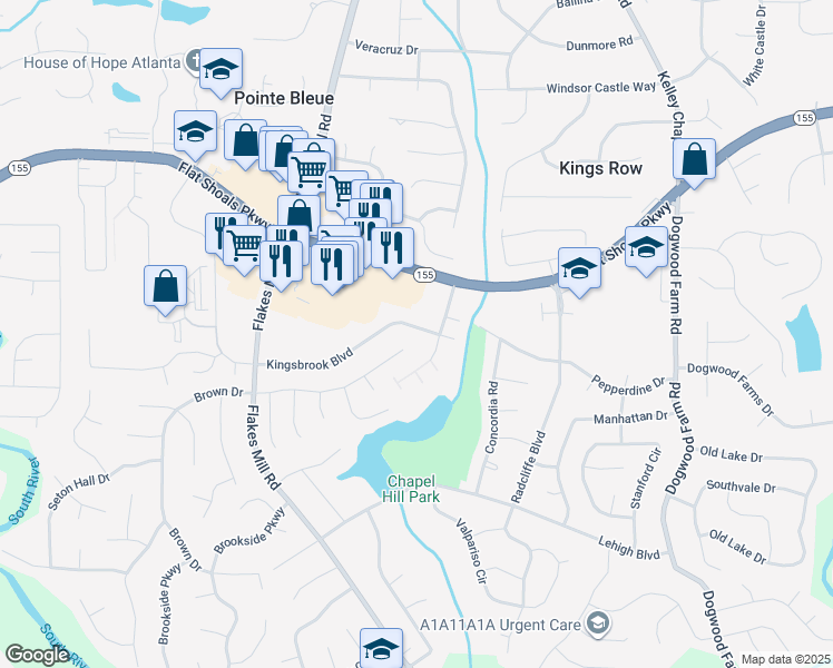 map of restaurants, bars, coffee shops, grocery stores, and more near 4019 Kingsbrook Boulevard in Decatur