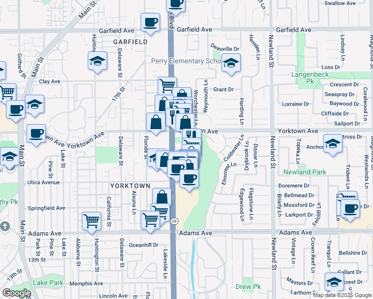 map of restaurants, bars, coffee shops, grocery stores, and more near 19582 Beach Boulevard in Huntington Beach
