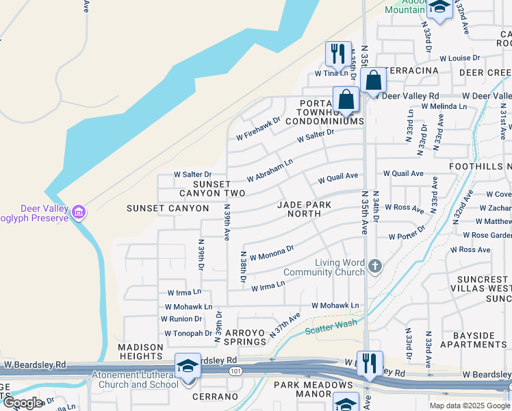 map of restaurants, bars, coffee shops, grocery stores, and more near 3802 West Quail Avenue in Glendale