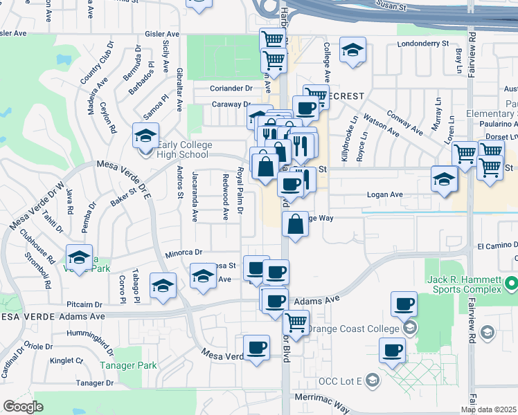 map of restaurants, bars, coffee shops, grocery stores, and more near 2940 Peppertree Lane in Costa Mesa