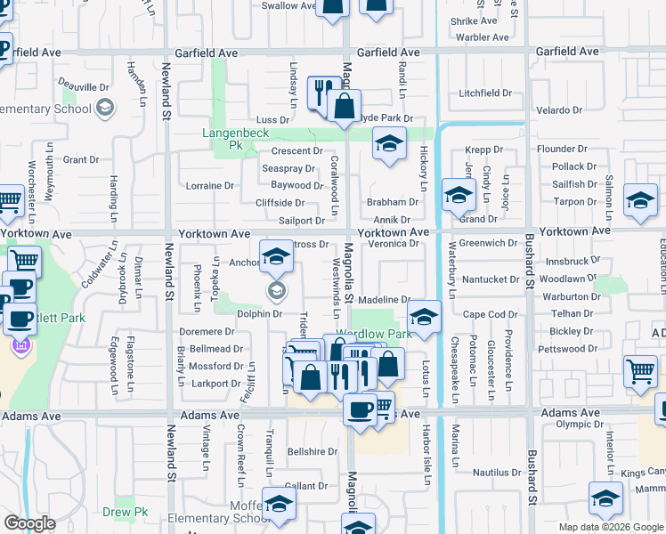 map of restaurants, bars, coffee shops, grocery stores, and more near 8932 Shore Circle in Huntington Beach