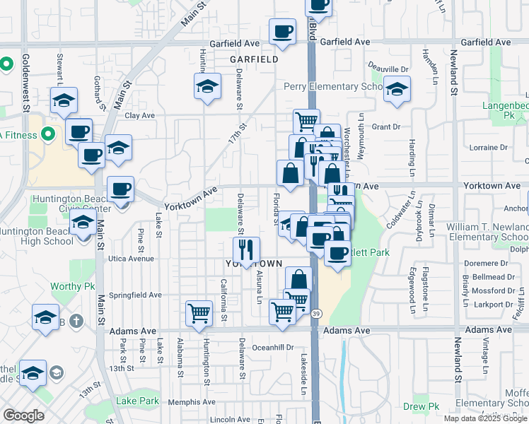 map of restaurants, bars, coffee shops, grocery stores, and more near 2306 England Street in Huntington Beach