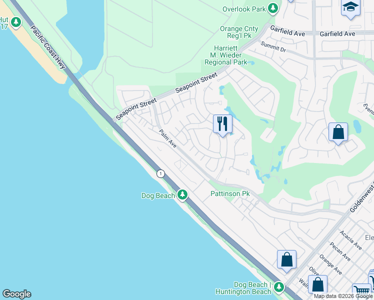 map of restaurants, bars, coffee shops, grocery stores, and more near 6021 Shadowbrook Circle in Huntington Beach