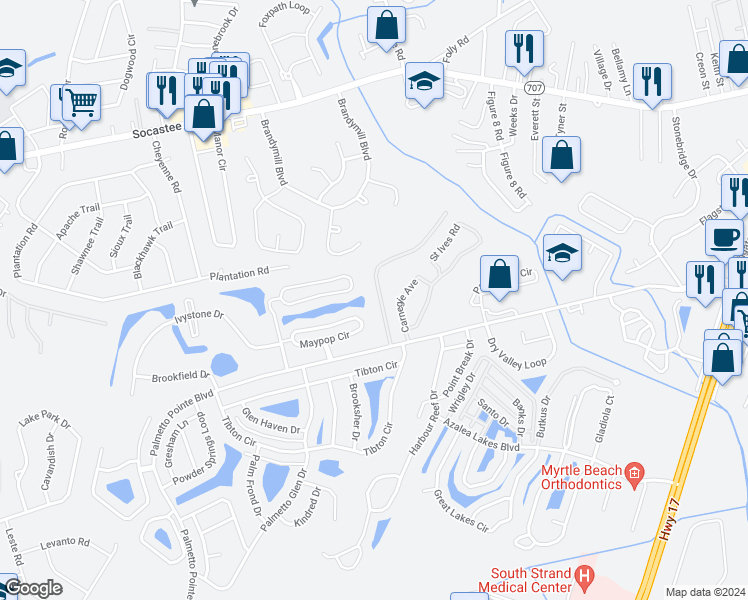 map of restaurants, bars, coffee shops, grocery stores, and more near 113 Olde Towne Way in Myrtle Beach