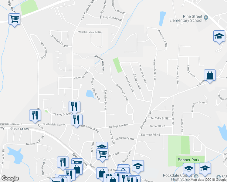 map of restaurants, bars, coffee shops, grocery stores, and more near 1113 McCords Corner Northwest in Conyers