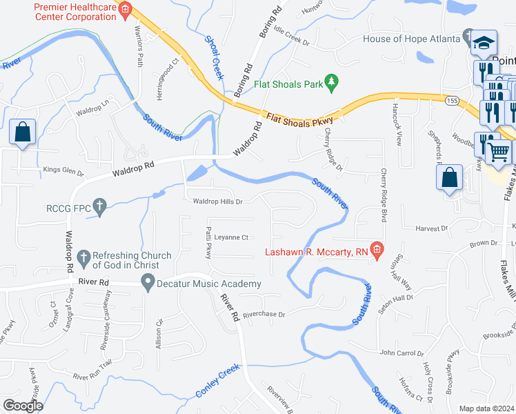 map of restaurants, bars, coffee shops, grocery stores, and more near 4141 Waldrop Hills Terrace in Decatur