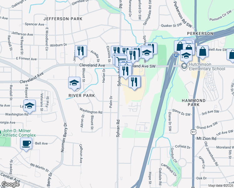 map of restaurants, bars, coffee shops, grocery stores, and more near 2822 Sylvan Road in East Point