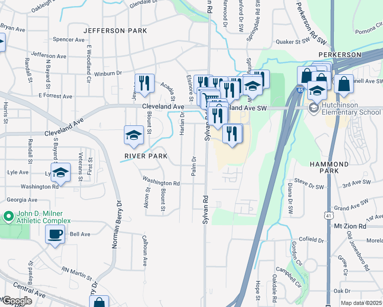 map of restaurants, bars, coffee shops, grocery stores, and more near 2827 Palm Drive in East Point
