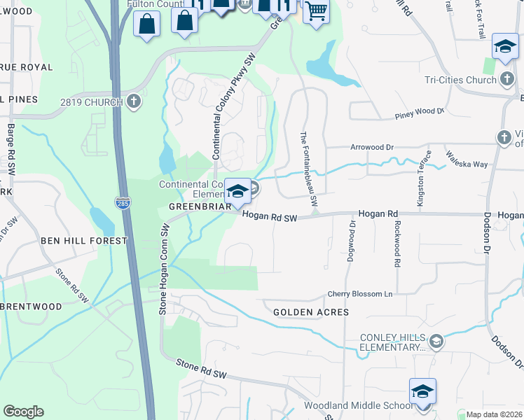 map of restaurants, bars, coffee shops, grocery stores, and more near 3131 Hogan Road Southwest in Atlanta