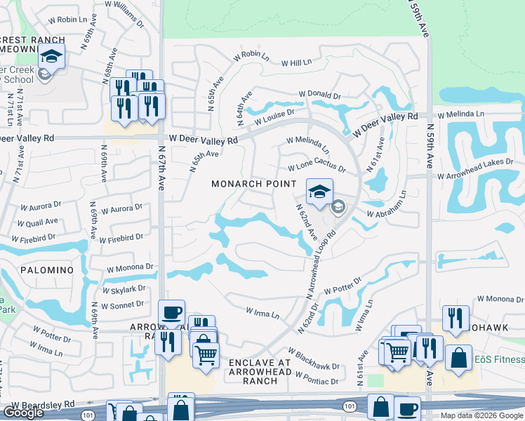 map of restaurants, bars, coffee shops, grocery stores, and more near 6361 W Firebird Dr in Glendale