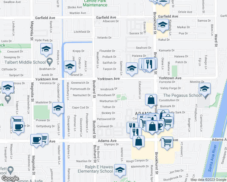 map of restaurants, bars, coffee shops, grocery stores, and more near 9642 Innsbruck Drive in Huntington Beach