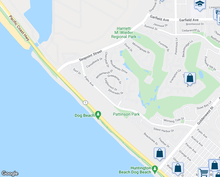 map of restaurants, bars, coffee shops, grocery stores, and more near 6132 Eaglecrest Drive in Huntington Beach