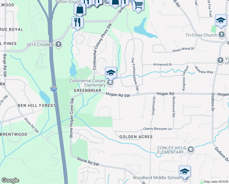 map of restaurants, bars, coffee shops, grocery stores, and more near 3131 Hogan Road Southwest in Atlanta