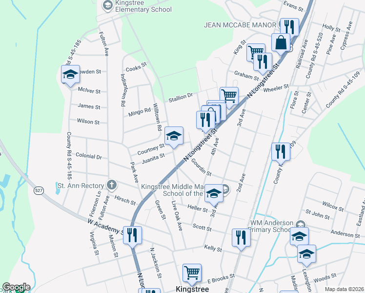 map of restaurants, bars, coffee shops, grocery stores, and more near 106 Swails Street in Kingstree