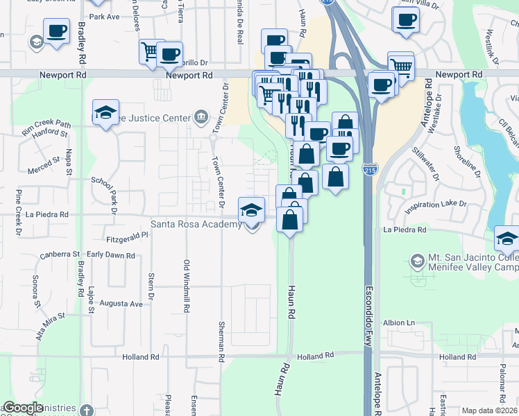 map of restaurants, bars, coffee shops, grocery stores, and more near 30490 Village Knoll Drive in Menifee