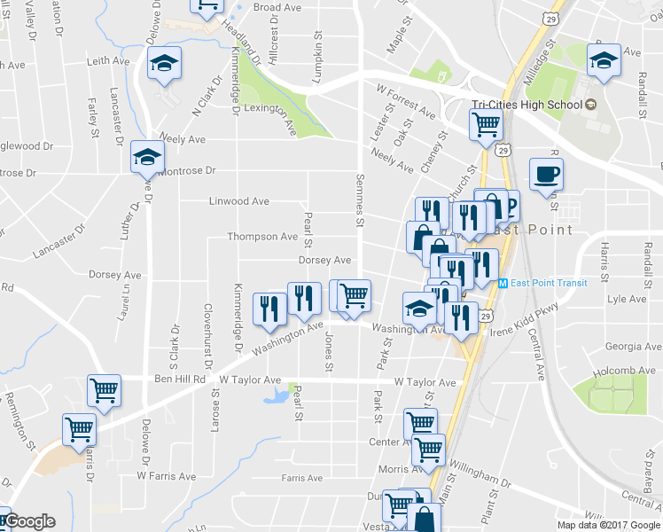 map of restaurants, bars, coffee shops, grocery stores, and more near 1840 Dorsey Avenue in Atlanta