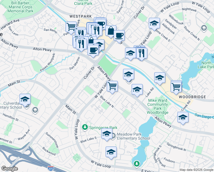 map of restaurants, bars, coffee shops, grocery stores, and more near 23 Thunder Trail in Irvine