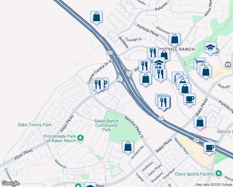 map of restaurants, bars, coffee shops, grocery stores, and more near 1100 Lupine in Lake Forest