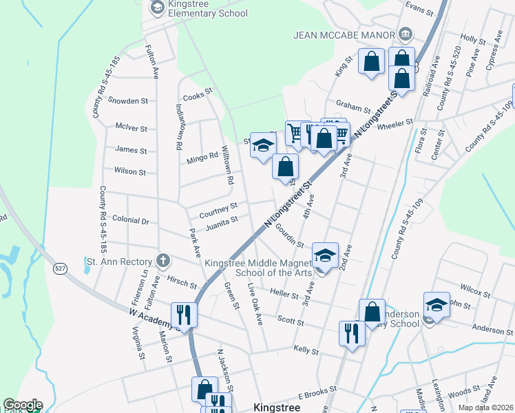 map of restaurants, bars, coffee shops, grocery stores, and more near 106 Swails Street in Kingstree