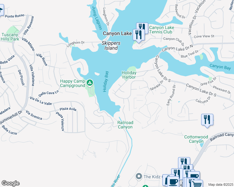 map of restaurants, bars, coffee shops, grocery stores, and more near 21981 Village Way Drive in Canyon Lake