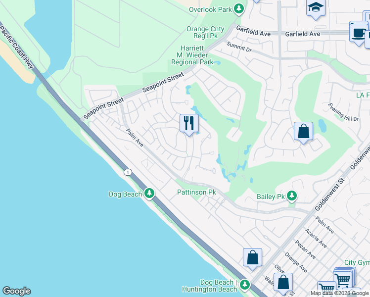 map of restaurants, bars, coffee shops, grocery stores, and more near 6195 Eaglecrest Drive in Huntington Beach