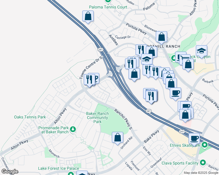 map of restaurants, bars, coffee shops, grocery stores, and more near 1200 Lupine in Lake Forest