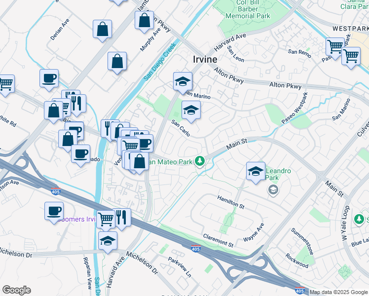 map of restaurants, bars, coffee shops, grocery stores, and more near 8 Galanto in Irvine