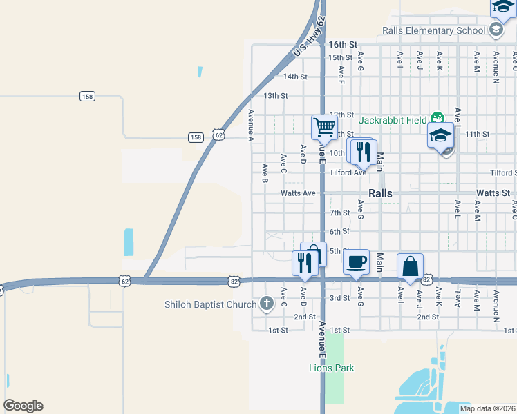 map of restaurants, bars, coffee shops, grocery stores, and more near 801 West Avenue A Street in Ralls