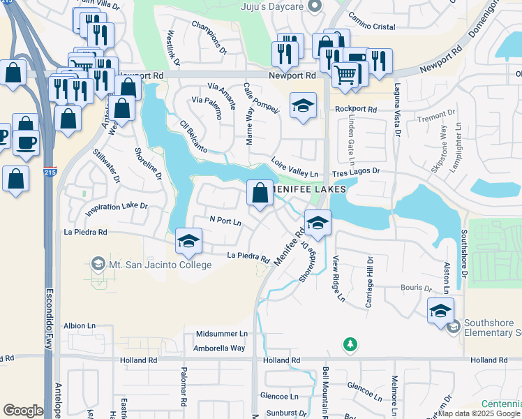 map of restaurants, bars, coffee shops, grocery stores, and more near 30547 Bayport Lane in Menifee