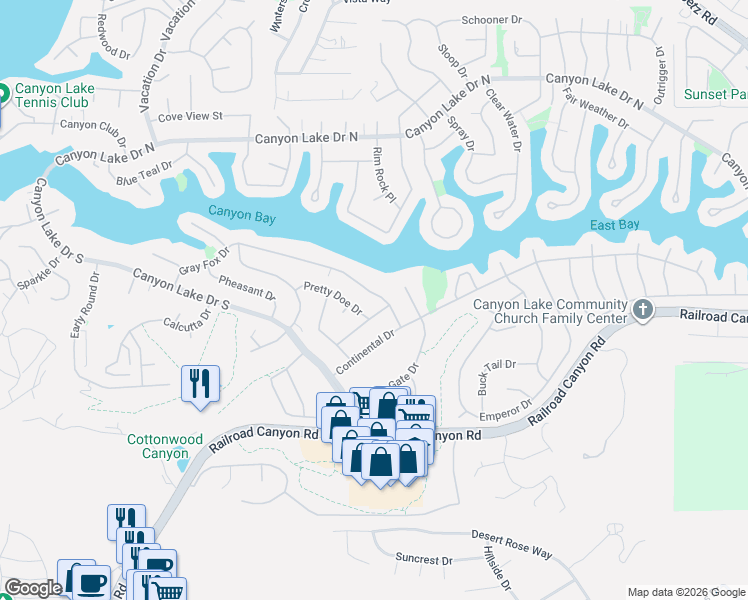 map of restaurants, bars, coffee shops, grocery stores, and more near 30517 Sparrow Hawk Drive in Canyon Lake