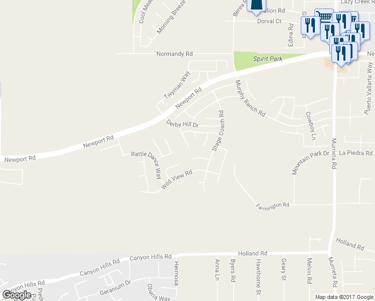 map of restaurants, bars, coffee shops, grocery stores, and more near 30475 Dapple Grey Way in Menifee